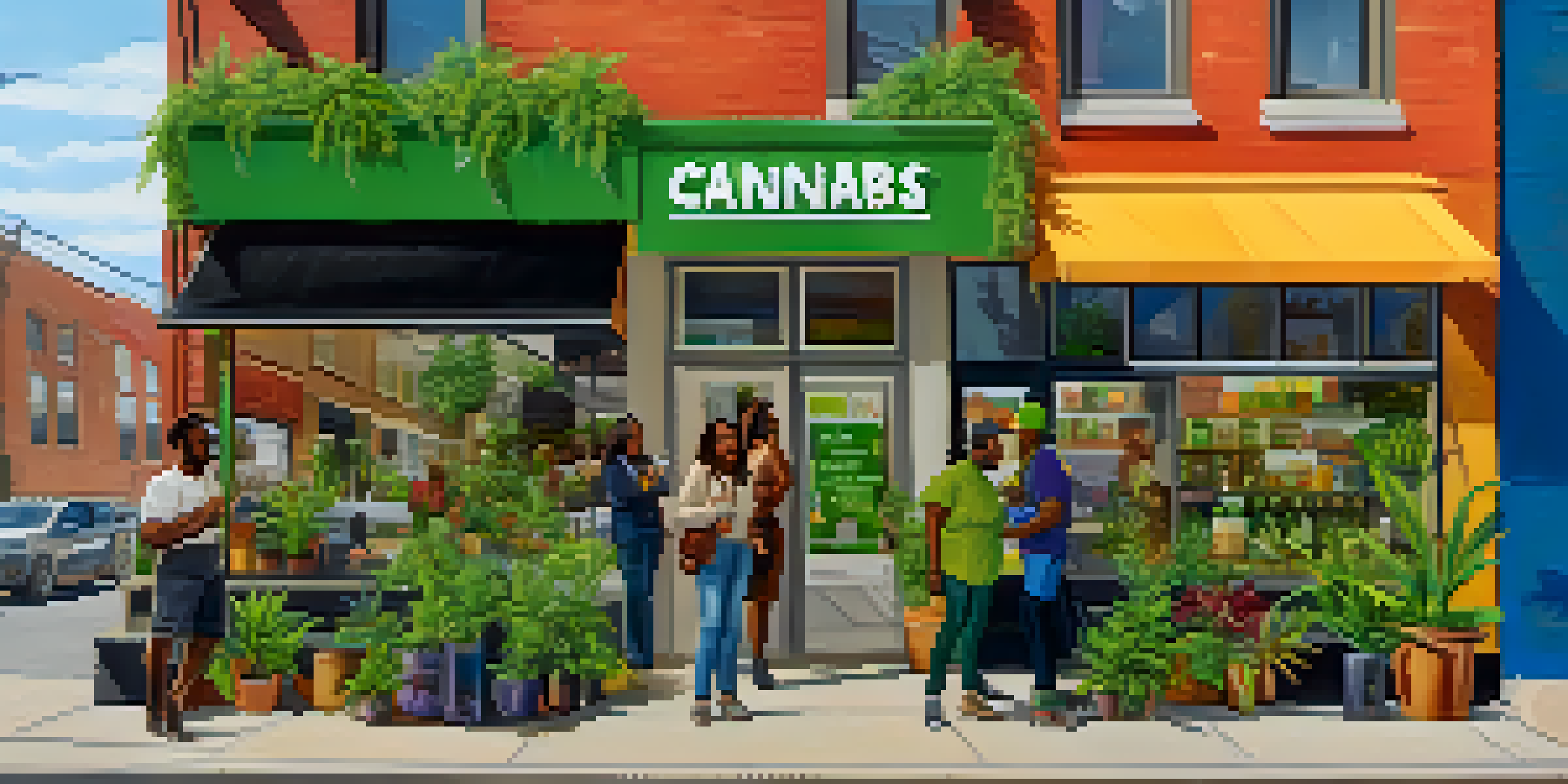A diverse group of people interacting outside a cannabis dispensary with colorful signage and plants, conveying a sense of community and entrepreneurship.