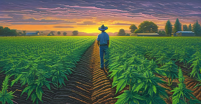 A cannabis farm at sunset with green plants and a farmer inspecting them.