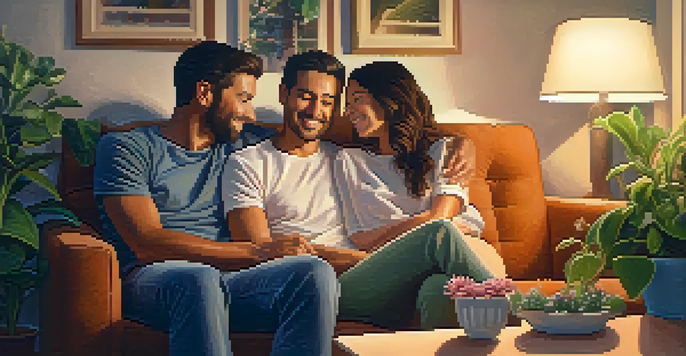 A couple sitting on a couch in a cozy setting, engaged in a warm conversation with a potted plant in the background.