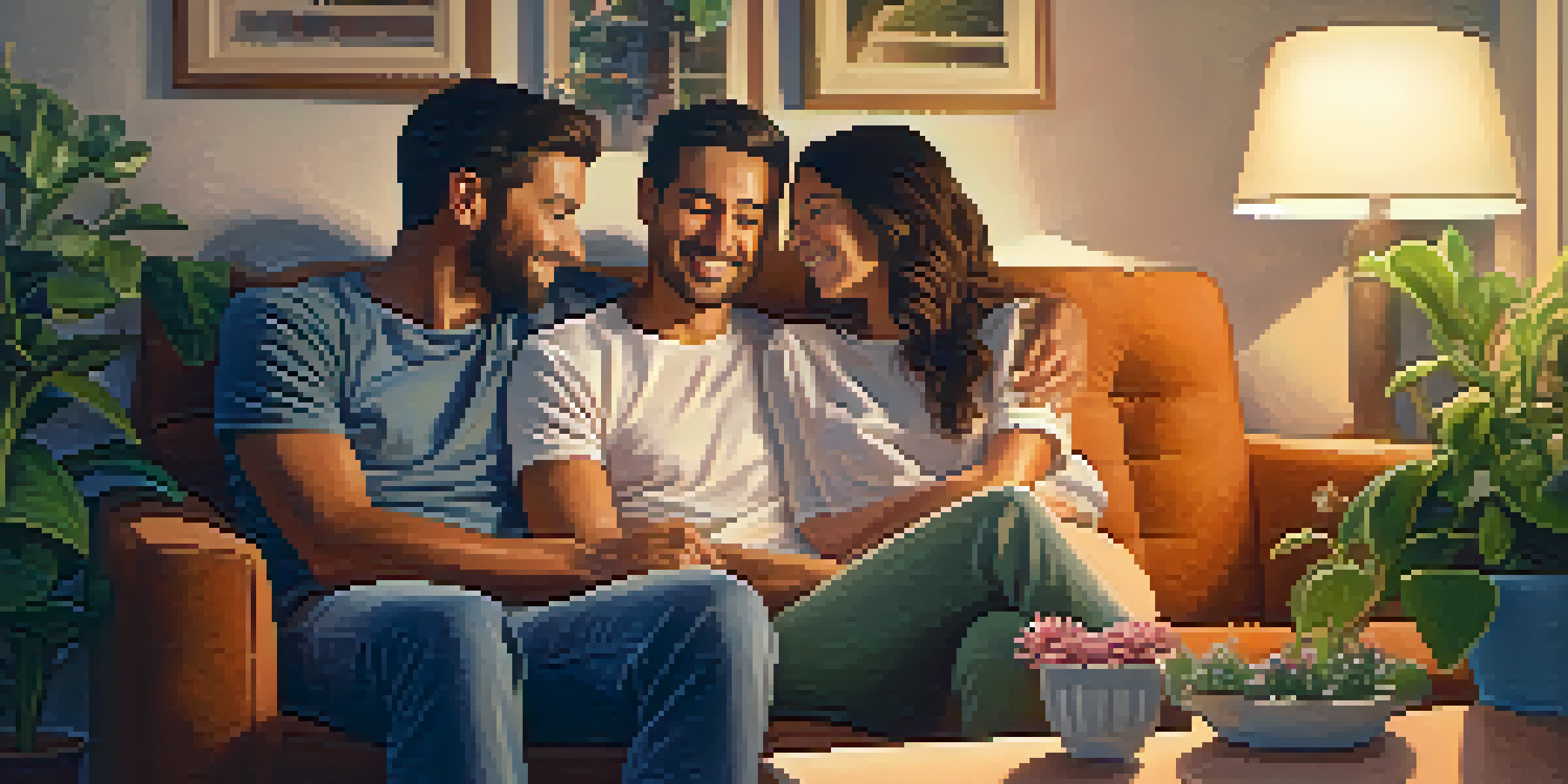 A couple sitting on a couch in a cozy setting, engaged in a warm conversation with a potted plant in the background.