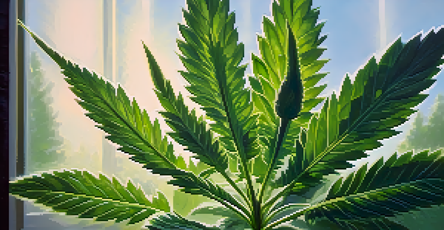 A close-up view of an organic cannabis plant with dew on its leaves in a garden, illuminated by soft sunlight.