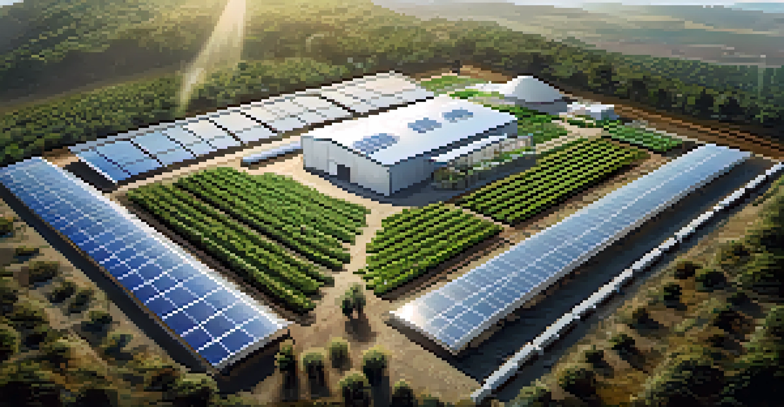 An aerial view of a modern greenhouse for cannabis cultivation surrounded by natural landscapes and solar panels.