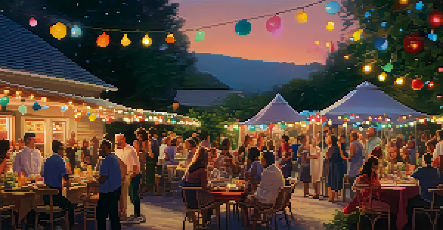A lively outdoor party with people enjoying themselves, colorful decorations, and food on tables.