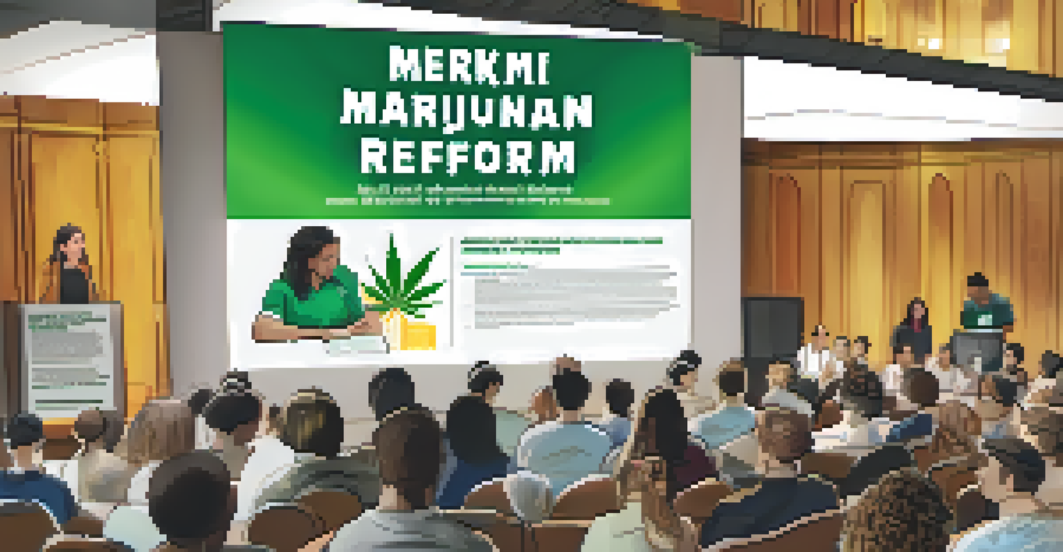 An NGO worker standing at a podium, presenting research findings about marijuana reform to an engaged audience.