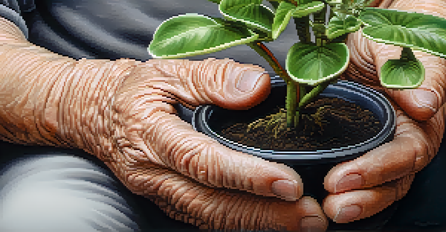 Close-up of a senior's hands holding a small potted plant, highlighting the details of aged hands and the act of nurturing.