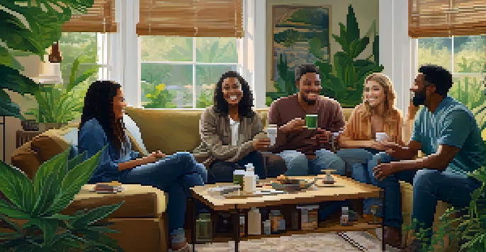 A diverse group of friends sitting in a cozy living room, engaging in conversation around a coffee table filled with cannabis products, with plants in the background.