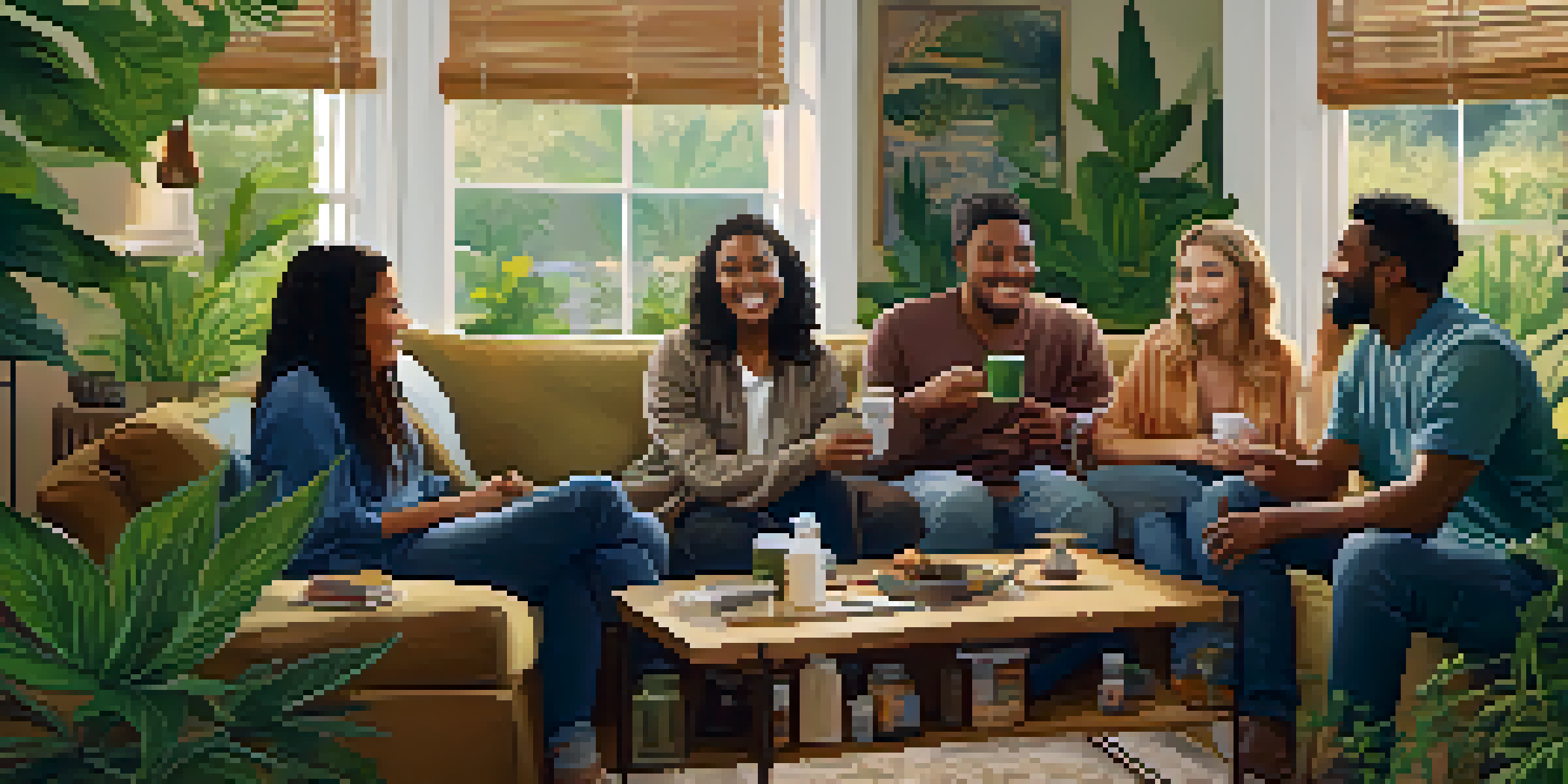 A diverse group of friends sitting in a cozy living room, engaging in conversation around a coffee table filled with cannabis products, with plants in the background.