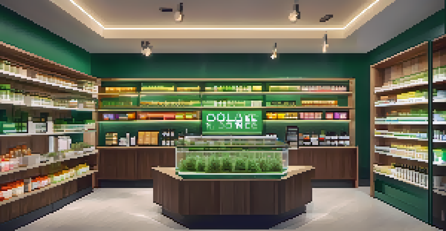 Inside a modern cannabis dispensary with shelves of products and a budtender helping a customer.