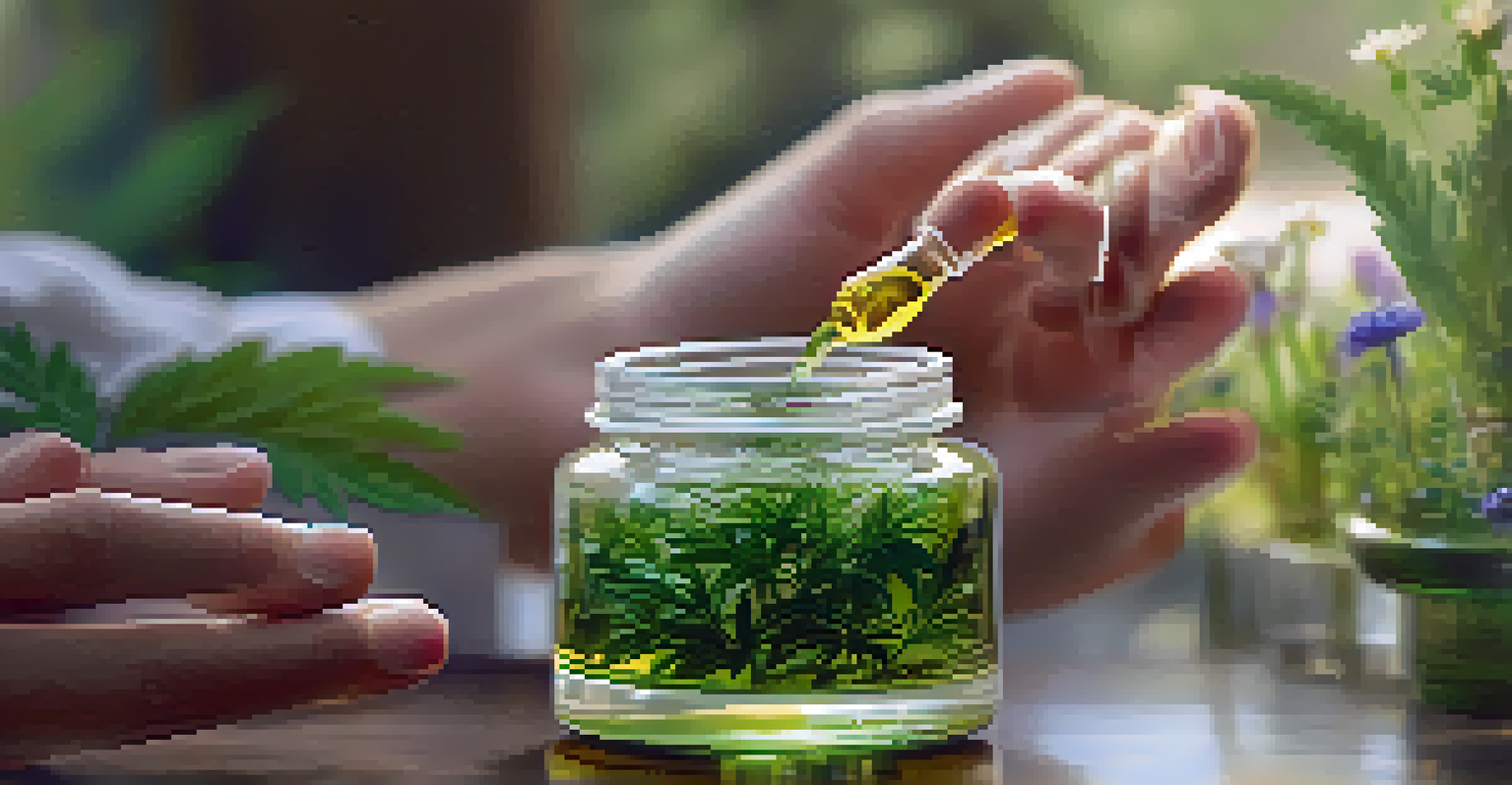 Close-up of hands holding a CBD oil jar with a blurred garden background.