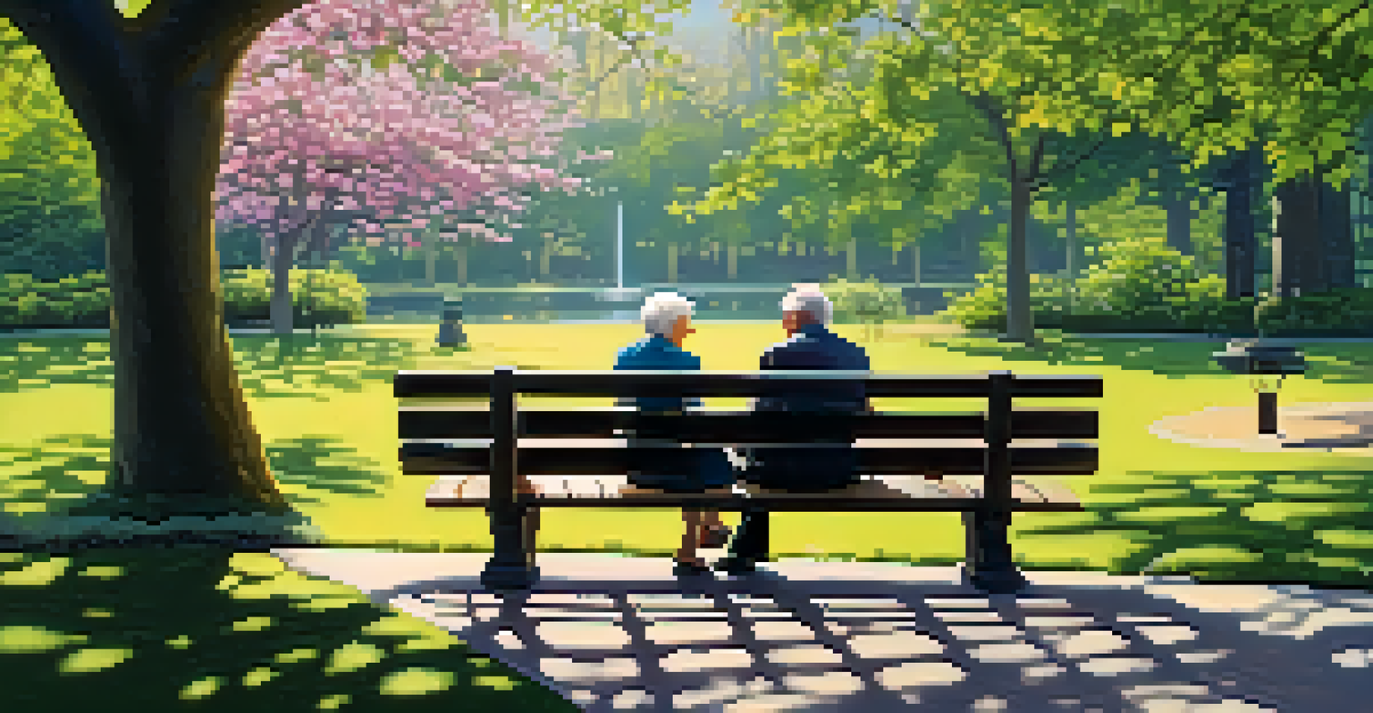An elderly couple sitting on a park bench, enjoying a conversation in a beautiful garden filled with flowers and trees.