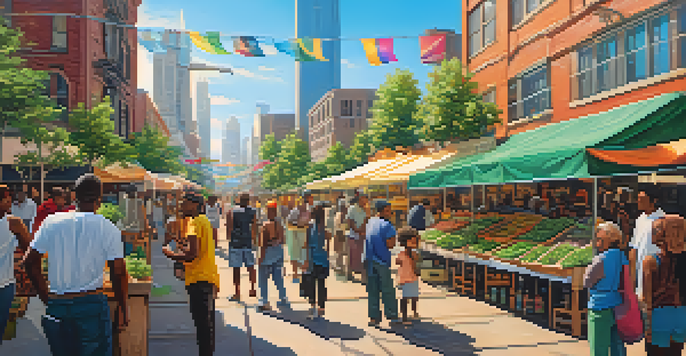 A lively marketplace with diverse people discussing cannabis products, surrounded by colorful stalls and city buildings under a sunny sky.
