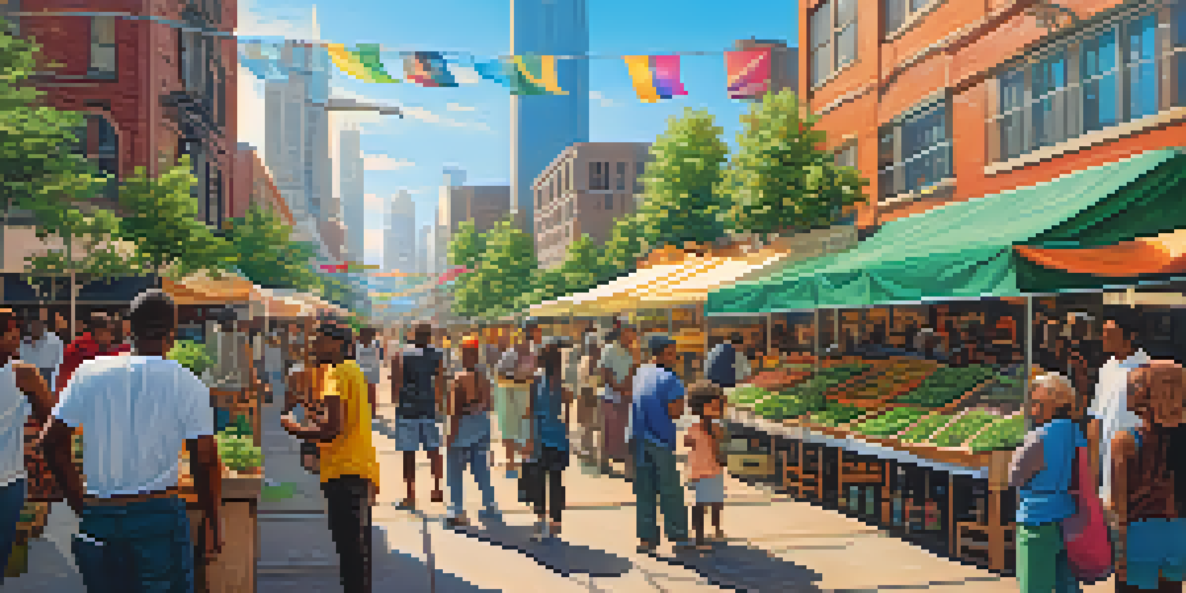 A lively marketplace with diverse people discussing cannabis products, surrounded by colorful stalls and city buildings under a sunny sky.