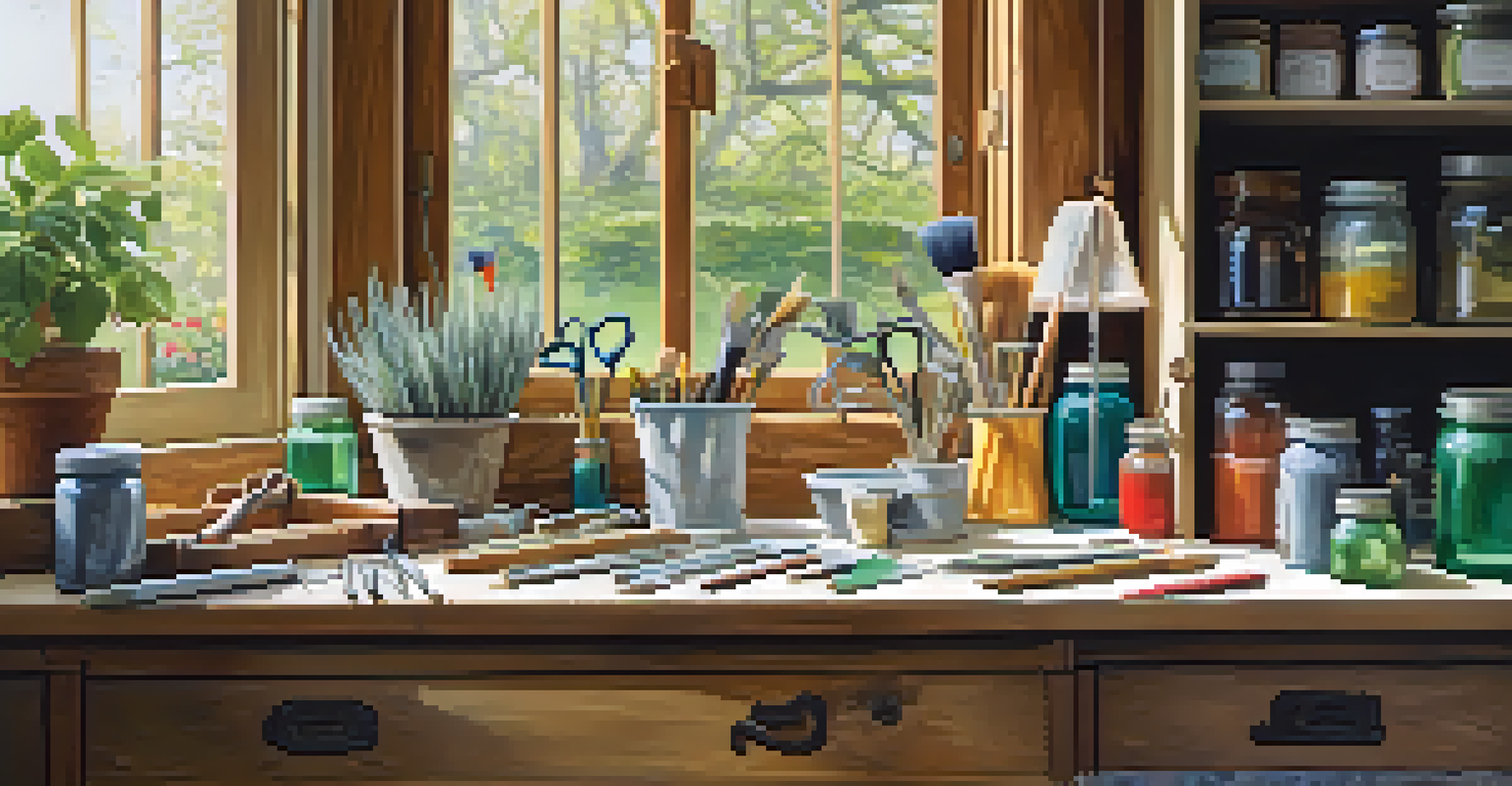 A gardening workspace filled with tools for upcycling projects, surrounded by upcycled materials like glass jars and old furniture, illuminated by natural light.