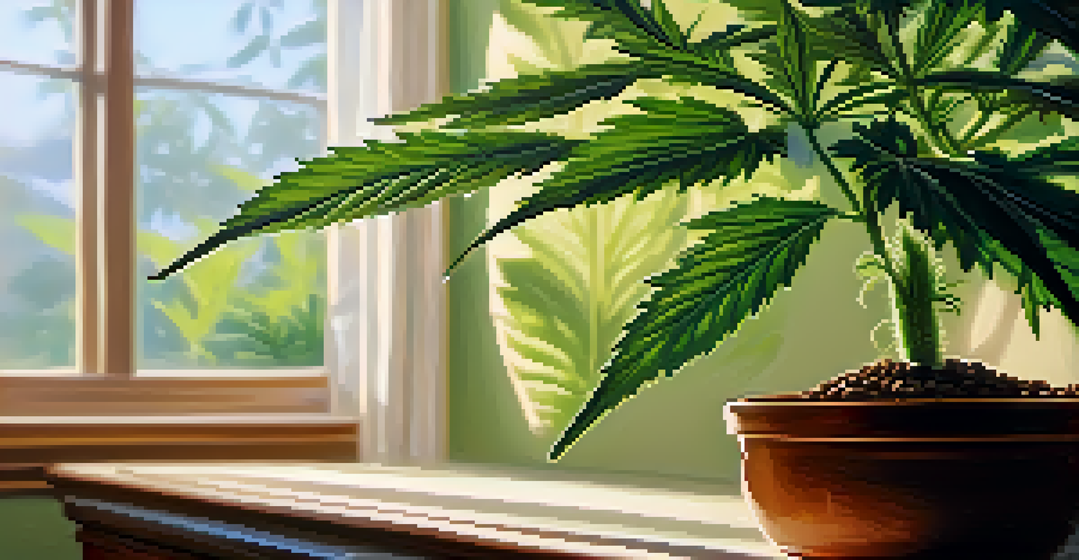 A close-up of a healthy cannabis plant with green leaves and buds, illuminated by natural sunlight in a cozy room.