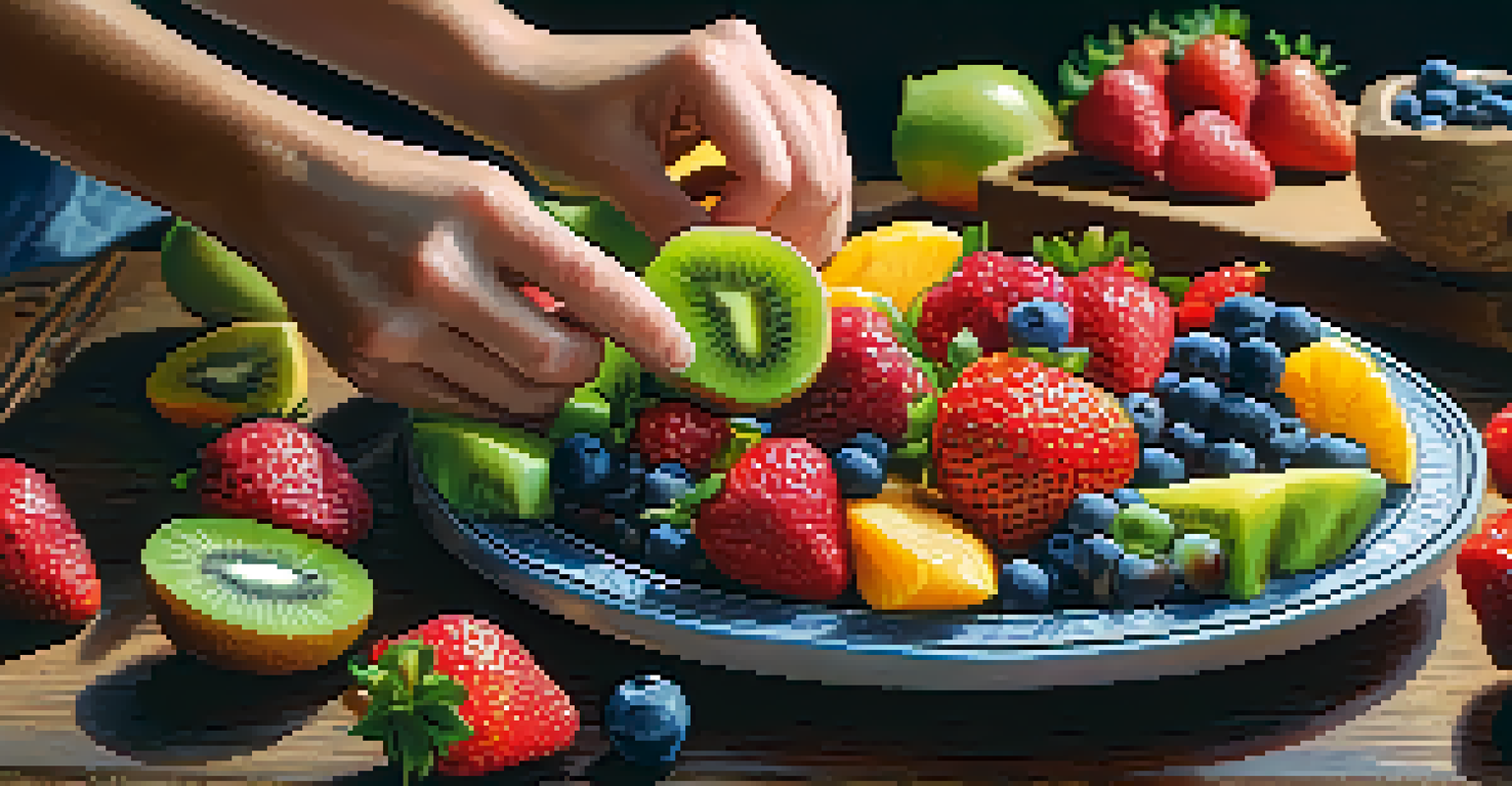 A close-up of hands arranging a colorful fruit platter with fresh fruits like strawberries, kiwi, and blueberries on a rustic wooden cutting board.