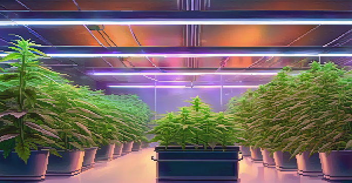 An indoor cannabis grow room with multiple plants under LED lights, showcasing different growth stages and a well-organized setup.