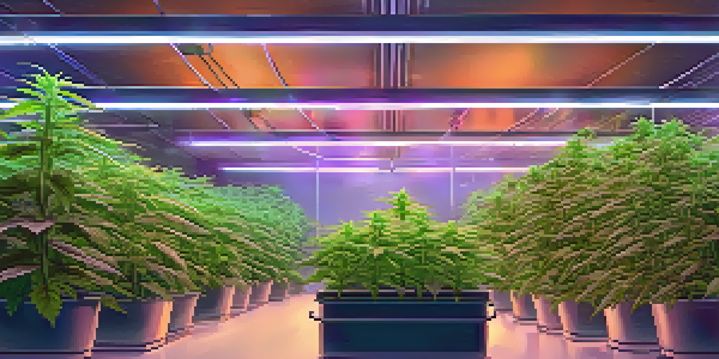 An indoor cannabis grow room with multiple plants under LED lights, showcasing different growth stages and a well-organized setup.