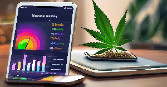 A smartphone showing a marijuana tracking app with colorful graphs, placed in a cozy living room with cannabis-related items.