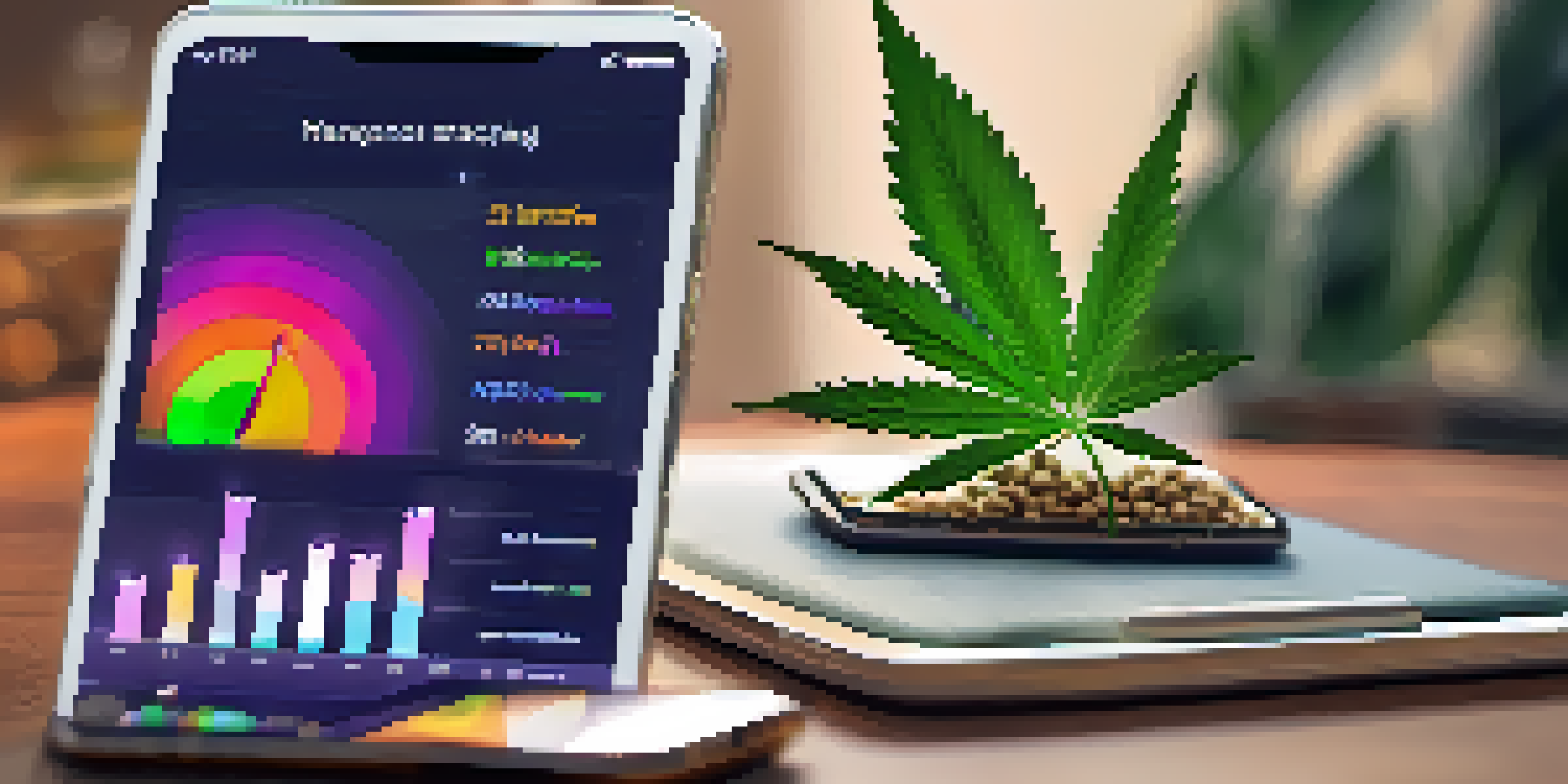 A smartphone showing a marijuana tracking app with colorful graphs, placed in a cozy living room with cannabis-related items.