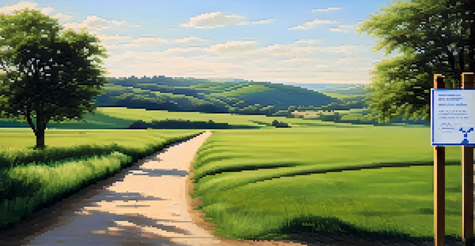 A peaceful green field with a wooden signpost labeled 'Public Health', under a bright blue sky and soft sunlight, with distant hills and trees.