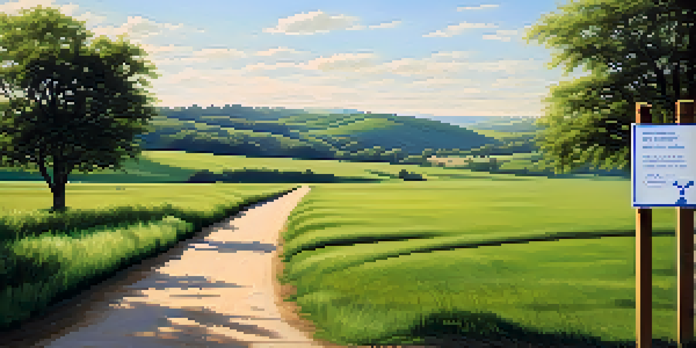 A peaceful green field with a wooden signpost labeled 'Public Health', under a bright blue sky and soft sunlight, with distant hills and trees.