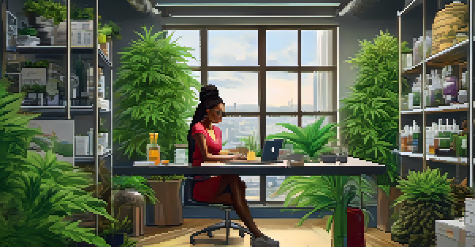 A woman working in a stylish workspace with cannabis products, showcasing creativity and professionalism.