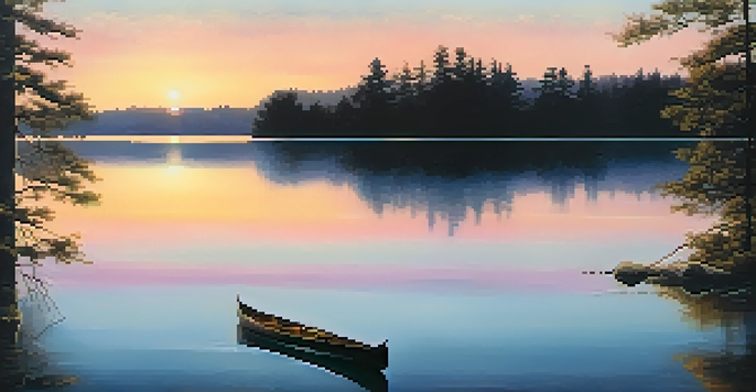 A calm lake at sunset with pastel colors and a silhouette of a canoe on the water, surrounded by trees.