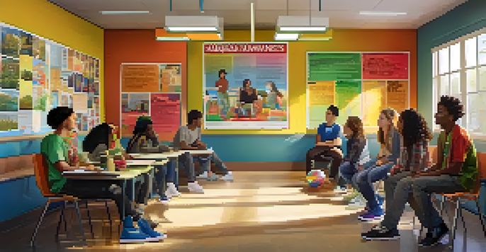 A diverse group of teenagers in a classroom discussing marijuana awareness, with posters on the walls and natural light coming through the windows.
