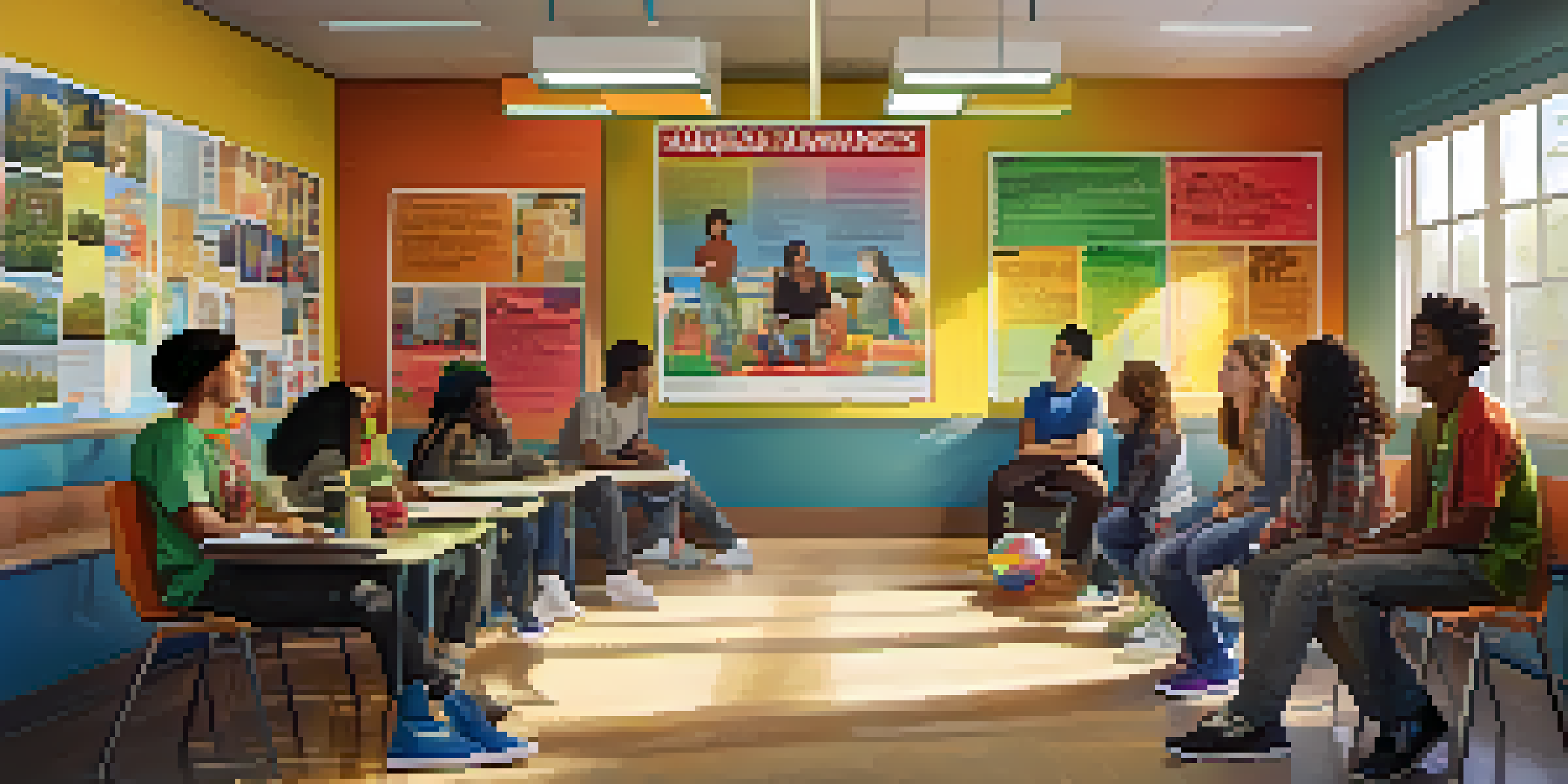 A diverse group of teenagers in a classroom discussing marijuana awareness, with posters on the walls and natural light coming through the windows.