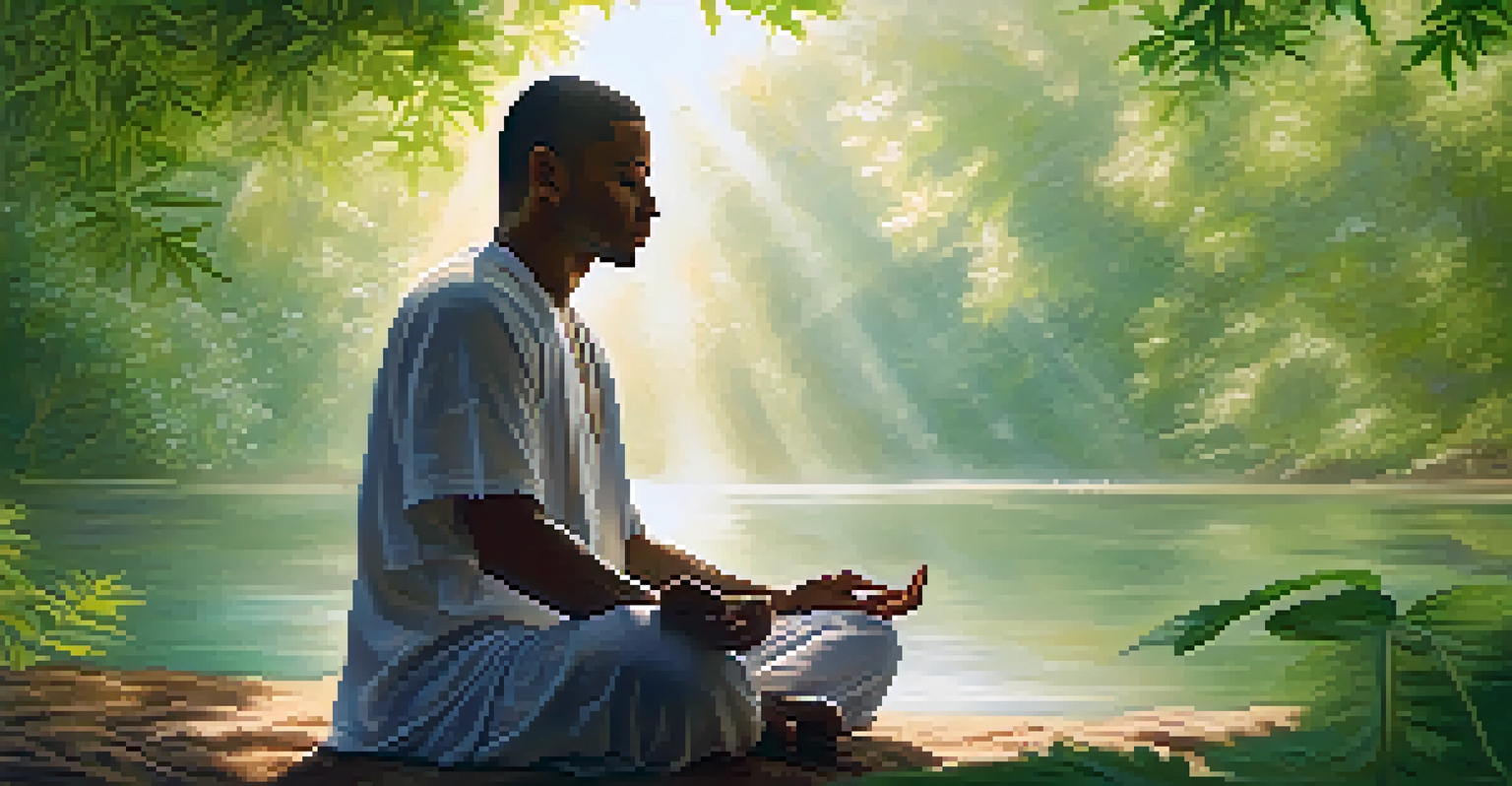 A person meditating in a peaceful green environment with sunlight filtering through the leaves, representing calmness and focus.