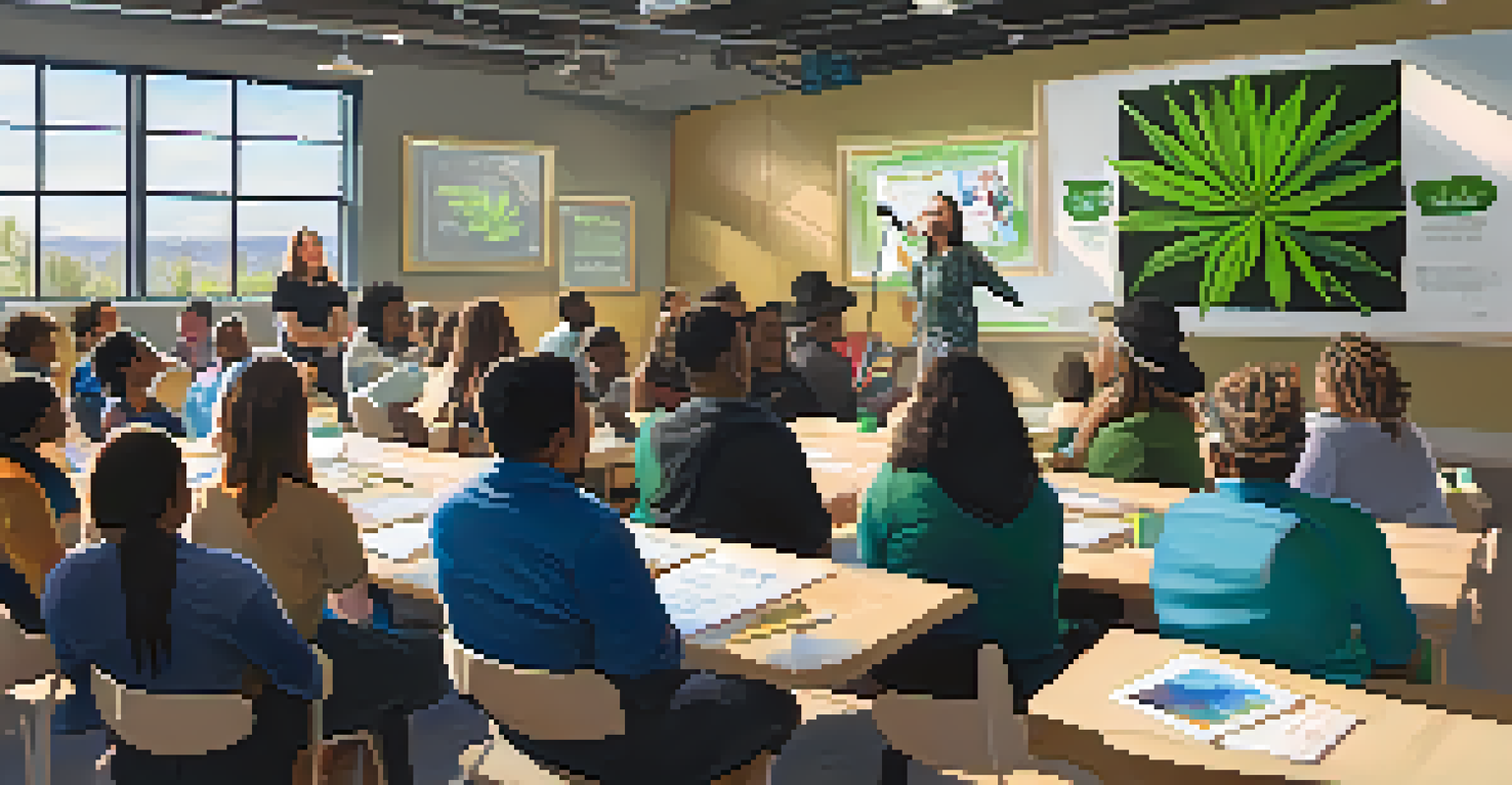 A workshop in a community center focused on marijuana policy, with a speaker and an engaged audience in a bright, inviting room.