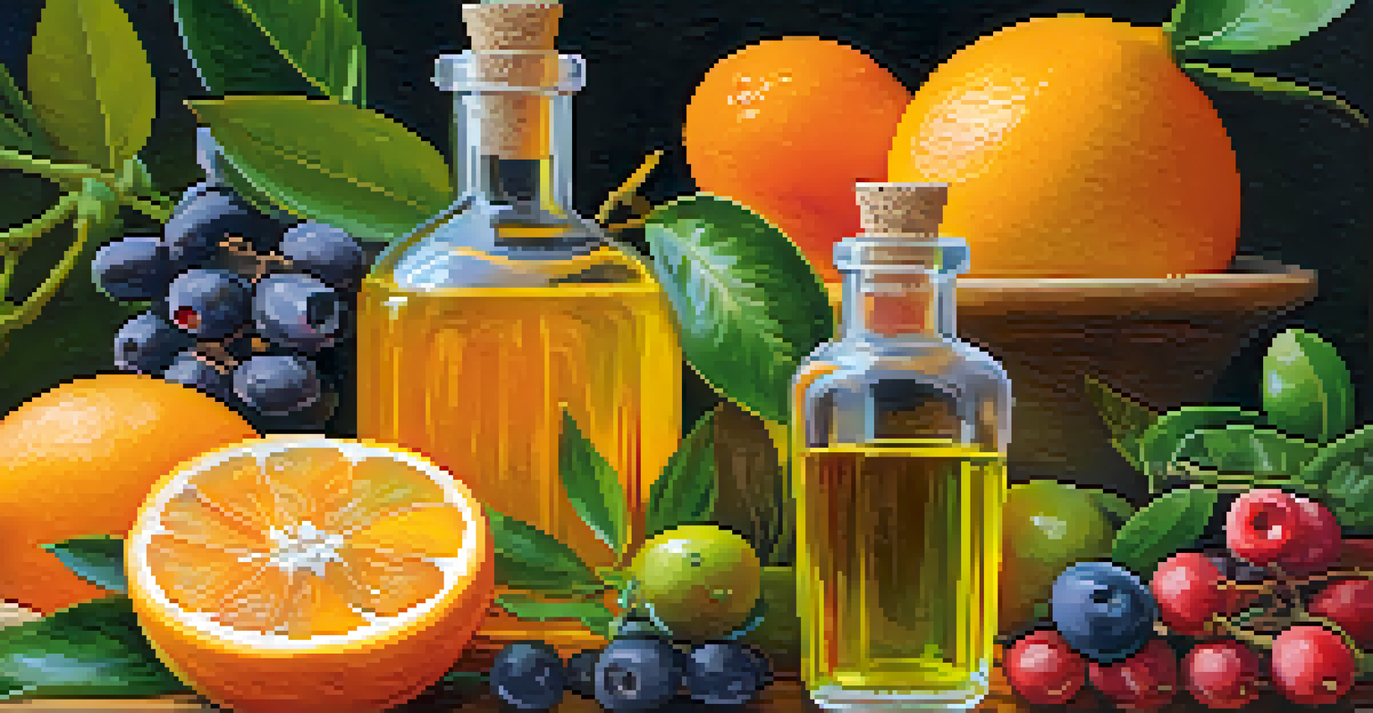 A close-up of terpene-infused ingredients including citrus essential oil, infused olive oil with herbs, and colorful fruits such as oranges and mangoes.