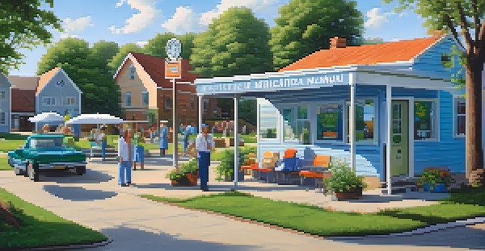 A mobile medical marijuana clinic in a rural town square with staff and patients interacting, surrounded by green fields and a blue sky.