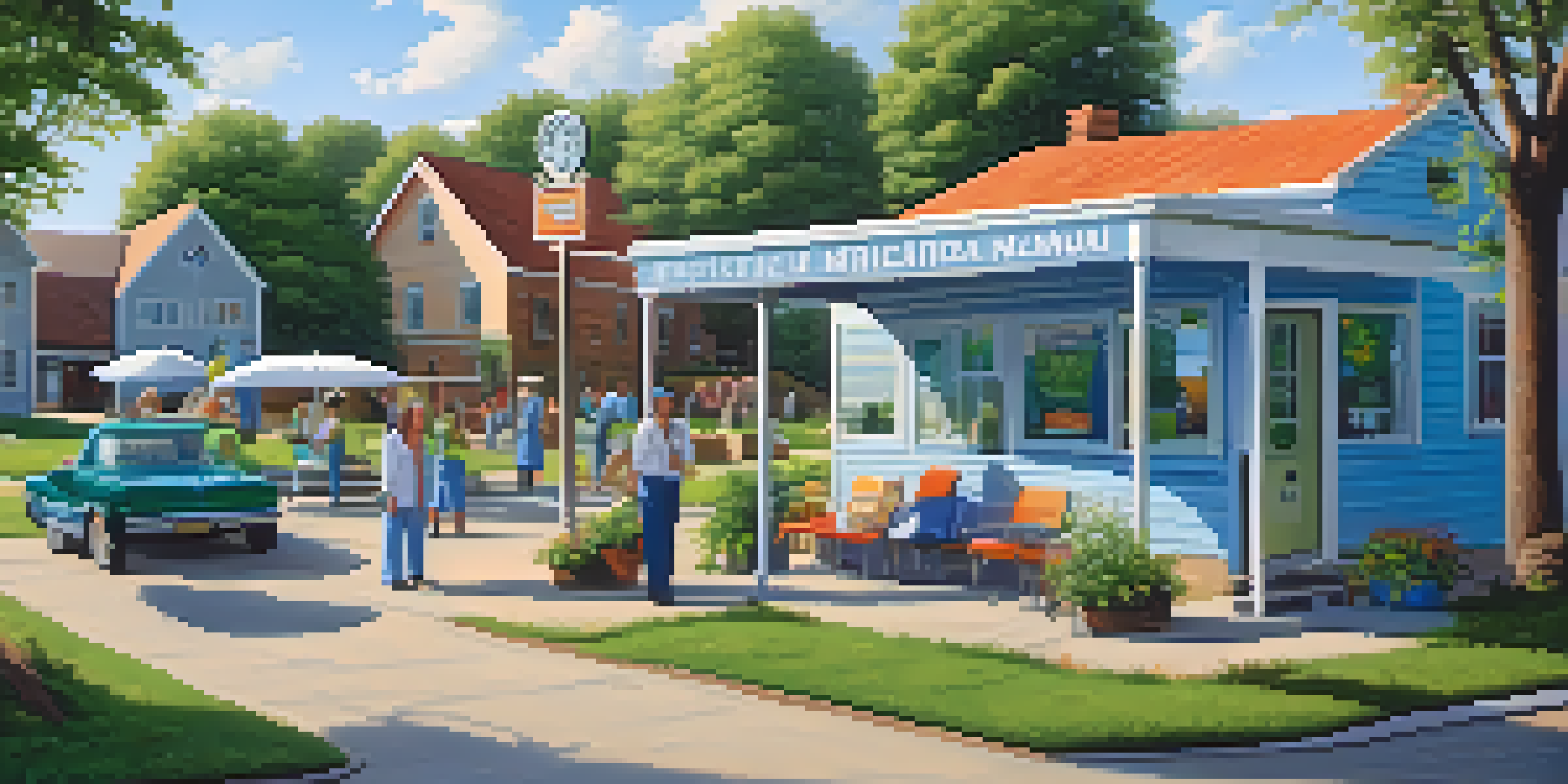 A mobile medical marijuana clinic in a rural town square with staff and patients interacting, surrounded by green fields and a blue sky.
