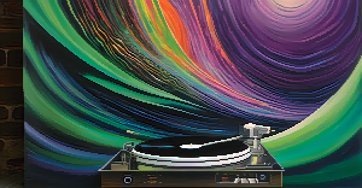 An abstract image of sound waves from a turntable, with vibrant colors representing stoner rock music.