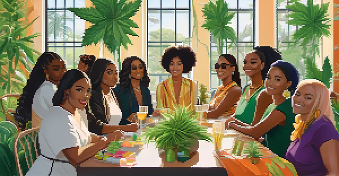 A diverse group of women of color participating in a community event focused on the cannabis industry, surrounded by plants and colorful decorations, engaging in discussions and networking.