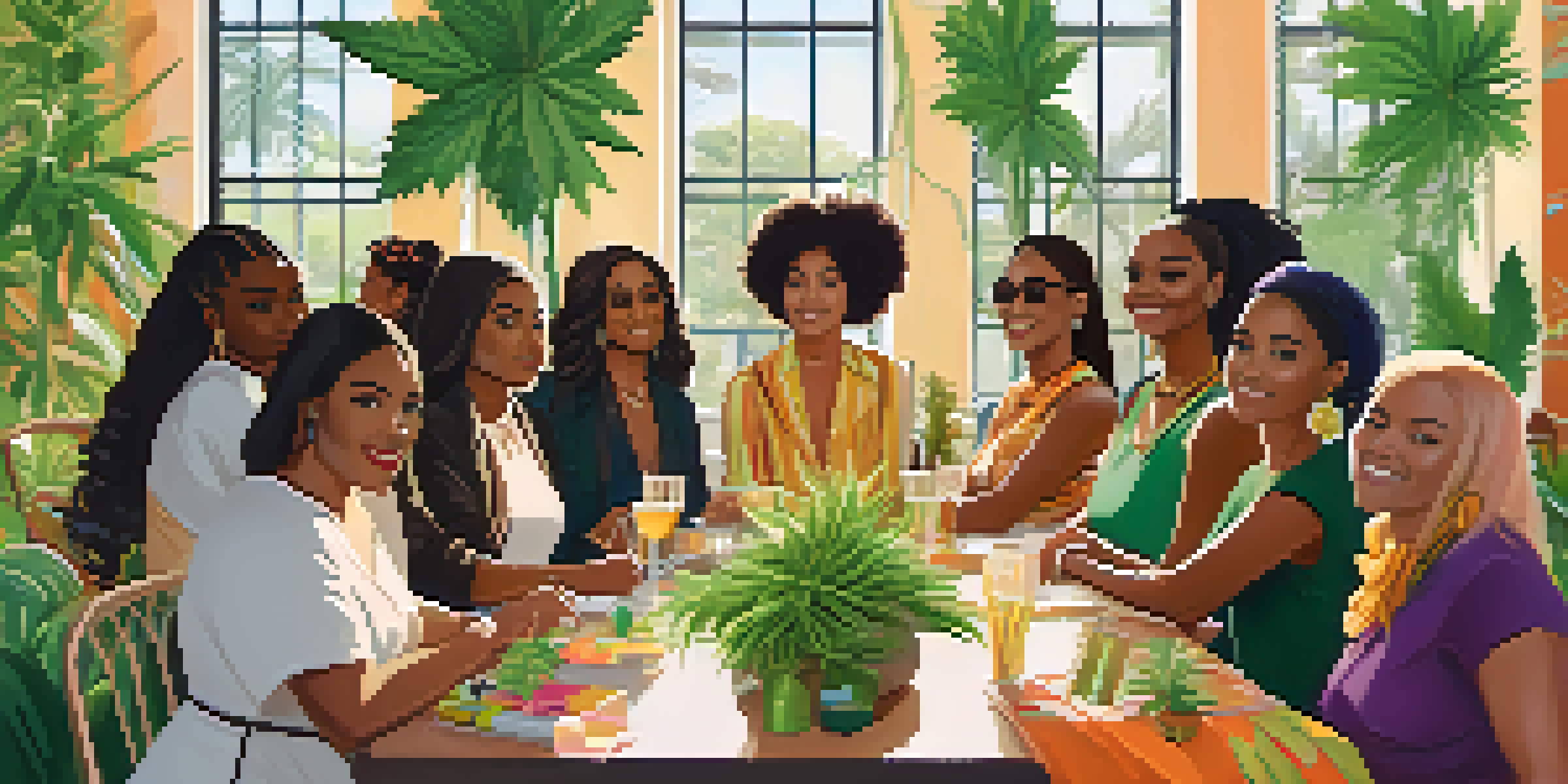 A diverse group of women of color participating in a community event focused on the cannabis industry, surrounded by plants and colorful decorations, engaging in discussions and networking.