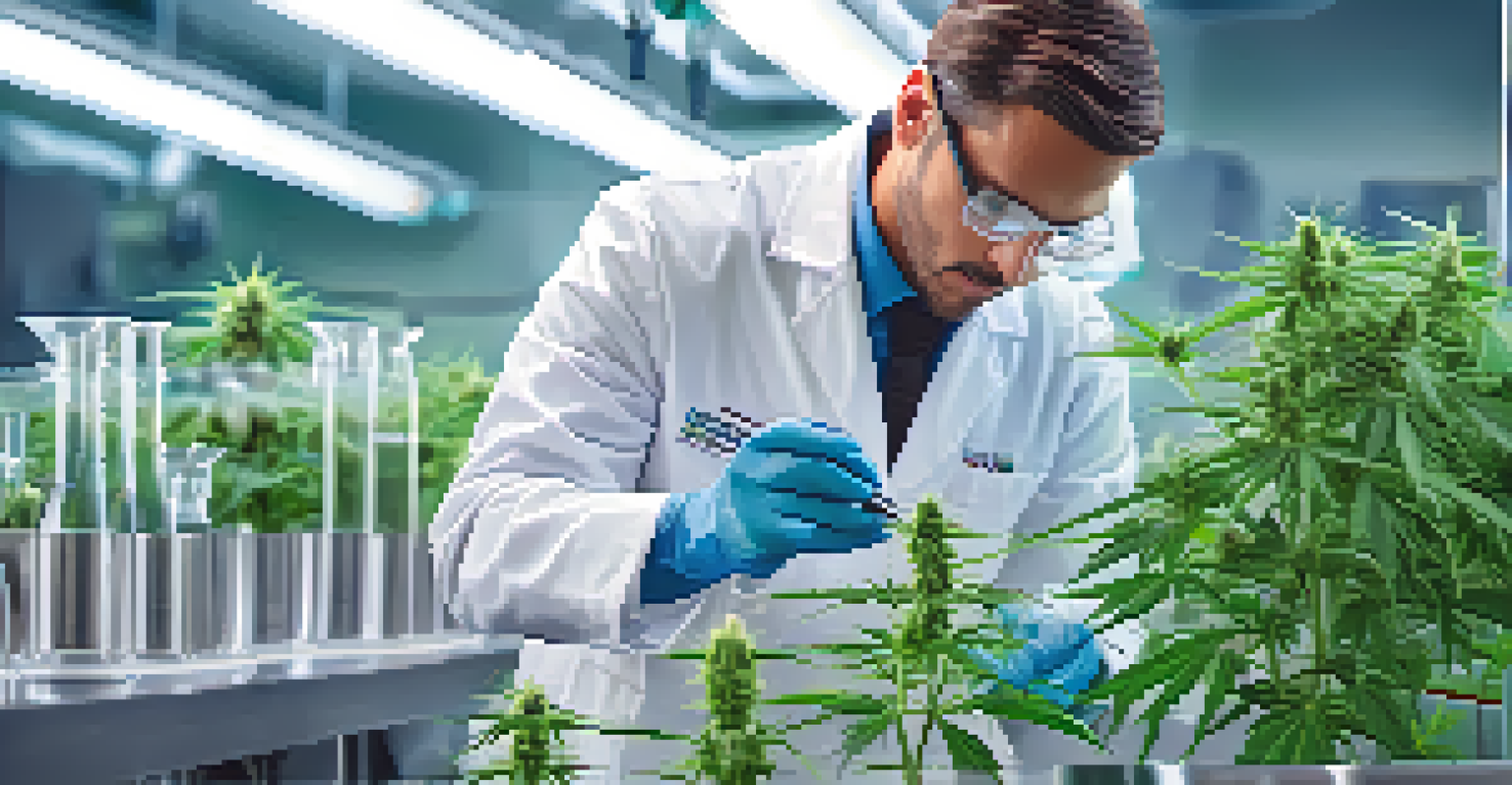A healthcare professional in a lab examining a cannabis plant, surrounded by laboratory equipment.