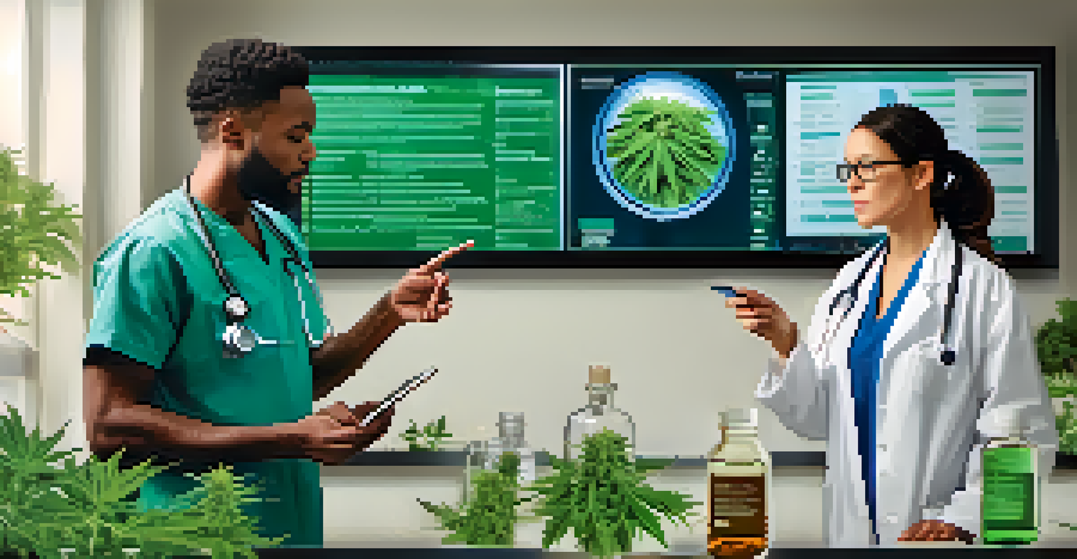 A doctor explaining marijuana's health benefits to a patient in a modern healthcare setting, with a digital screen in the background showing relevant information.