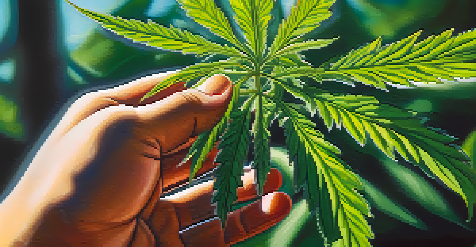 A close-up of a hand holding a cannabis plant with green leaves in a sunny outdoor setting.