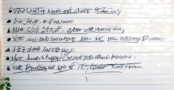 A close-up of a hand writing guidelines in a notebook, with family photos in the background, emphasizing focus and intention.