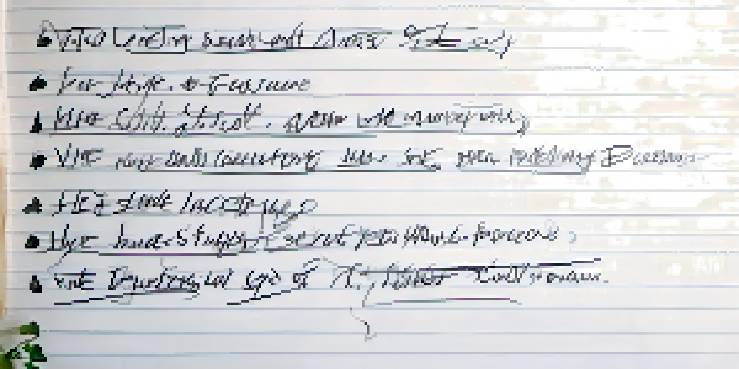 A close-up of a hand writing guidelines in a notebook, with family photos in the background, emphasizing focus and intention.