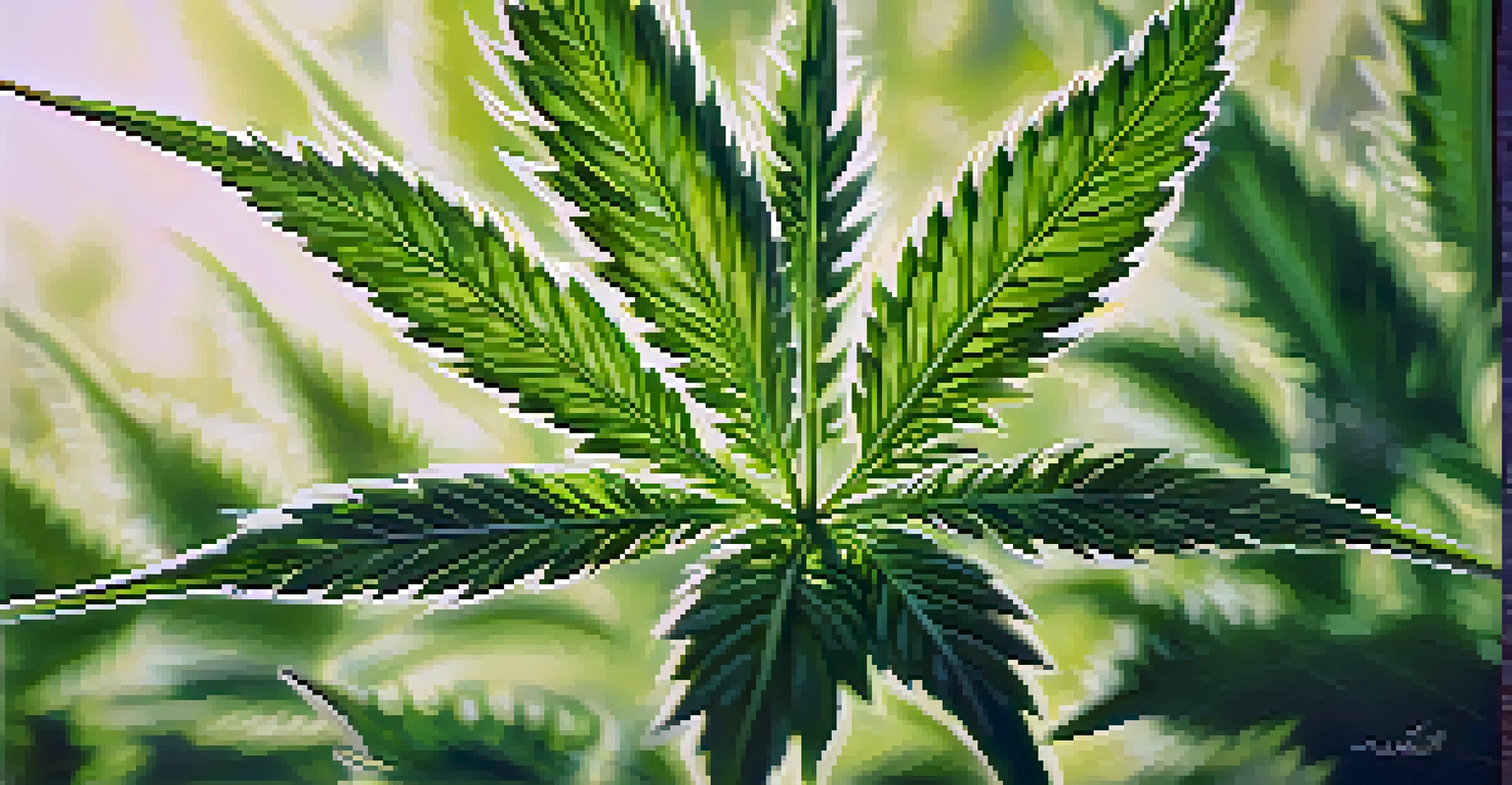 A close-up of a cannabis plant with green leaves and glistening trichomes, softly lit to show its natural beauty.