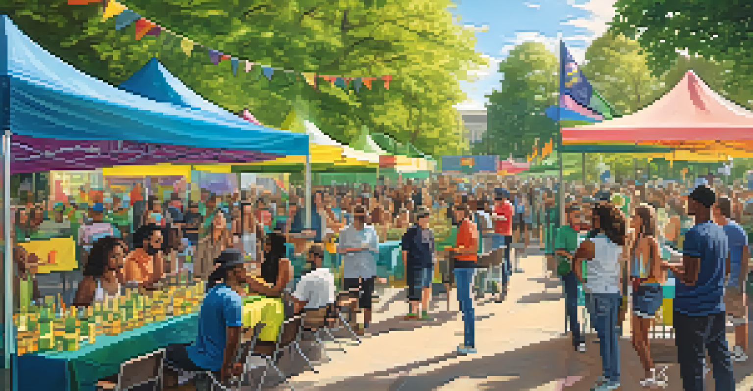 A community event in a park with people discussing cannabis, colorful banners, and booths, highlighting community engagement.