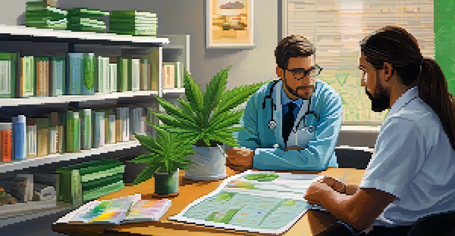 A doctor explaining cannabinoid options to a patient in a bright office with a chart and medical books.