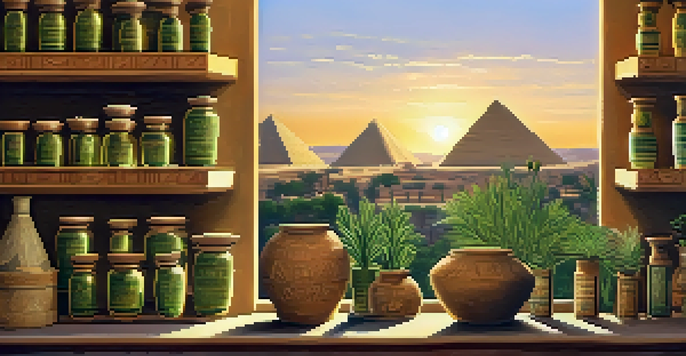An ancient Egyptian herbal apothecary with jars of herbs and pyramids in the background at sunset.