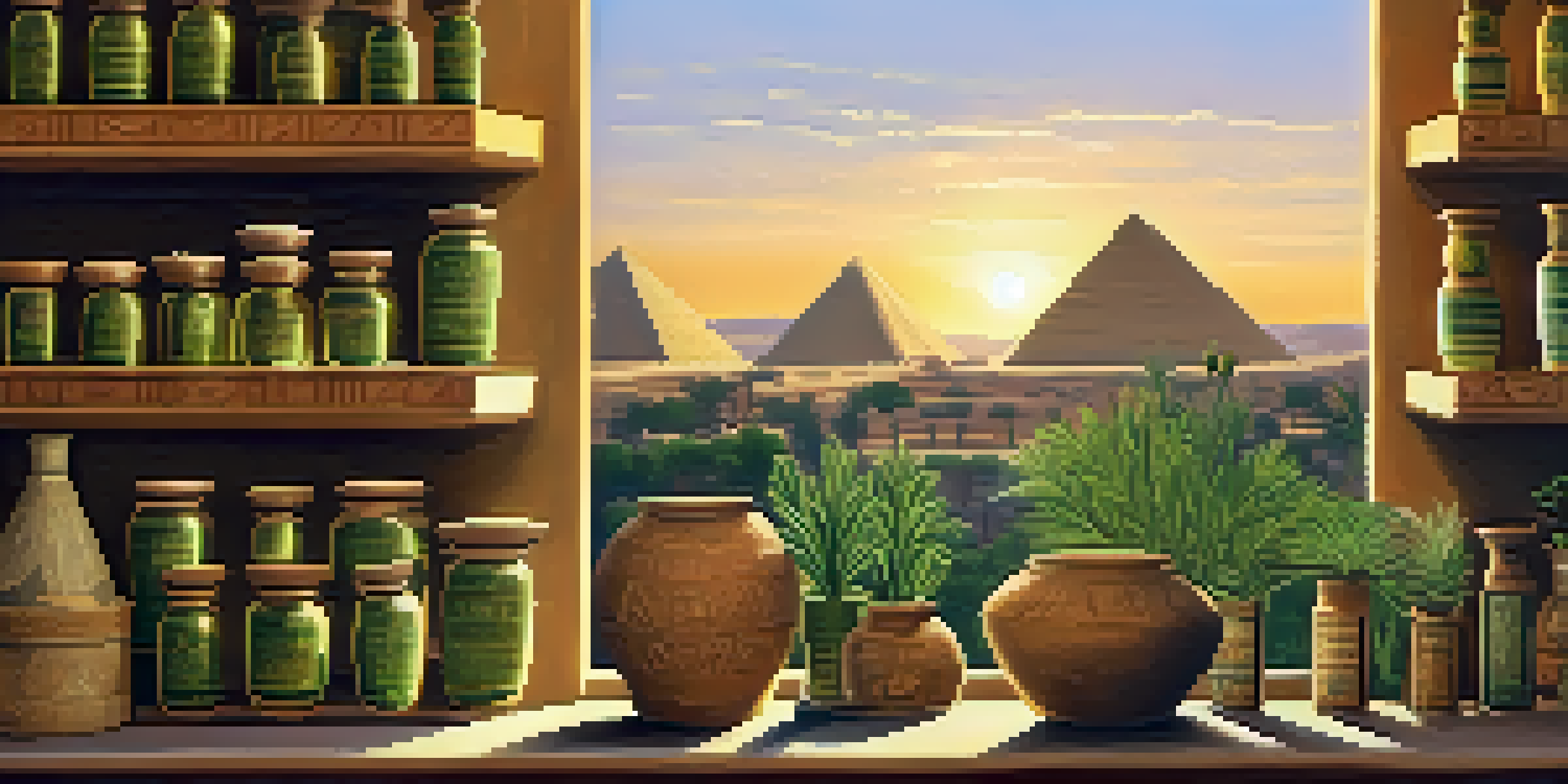 An ancient Egyptian herbal apothecary with jars of herbs and pyramids in the background at sunset.