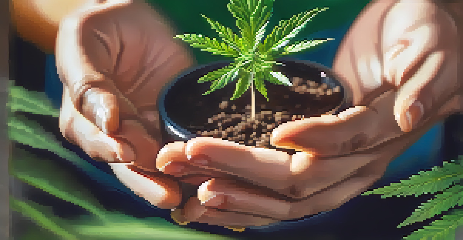 Close-up of diverse hands holding a small potted cannabis plant, with sunlight illuminating the green leaves.