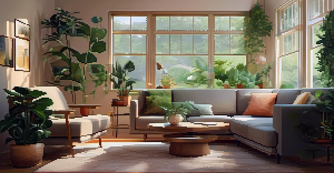 A parent meditating in a cozy living room surrounded by plants and soft lighting.