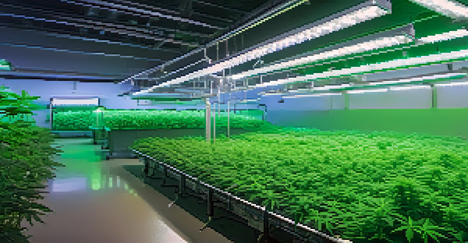 An indoor cannabis cultivation area with vibrant green plants under LED lights, automated irrigation systems, and a control panel monitoring environmental data.